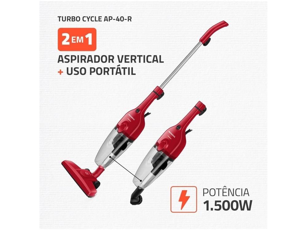 Aspirador de Pó 2 em 1 Mondial 1500W Turbo Cycle AP - 40 - R Vermelho e Preto - 220V. - Shopp Brasil