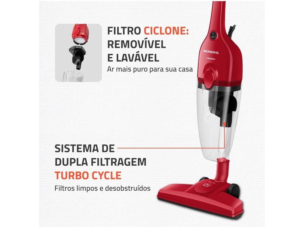 Aspirador de Pó 2 em 1 Mondial 1500W Turbo Cycle AP - 40 - R Vermelho e Preto - 220V. - Shopp Brasil