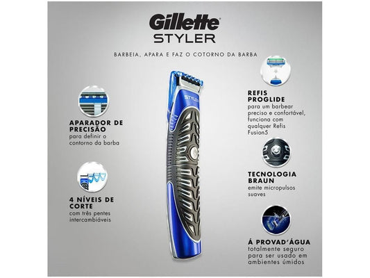 Barbeador Elétrico Gillette Styler Seco e Molhado - Pilha AA - Shopp Brasil