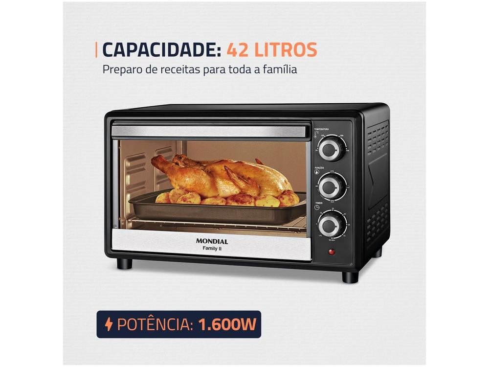 Forno Elétrico de Bancada Mondial Multifuncional 42L Preto e Prata Grand Family - Shopp Brasil