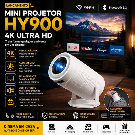 Mini Projetor HY900 4K Ultra HD Wi - Fi 6 Bluetooth Portátil Cinema em Casa. - Shopp Brasil
