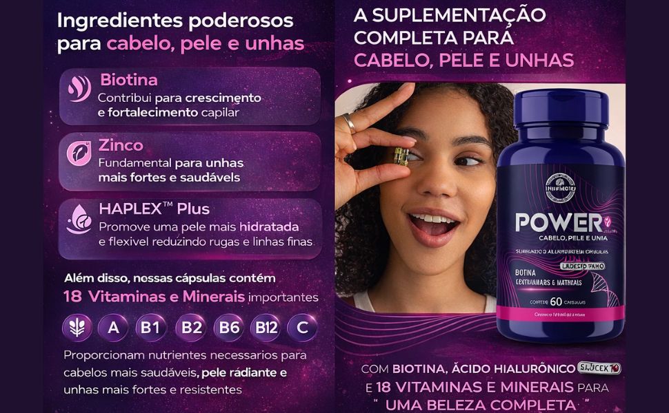 Power Mulher - Cabelo Pele Unha Premium - 18 Vitaminas e Minerais - 60 Caps - Shopp Brasil