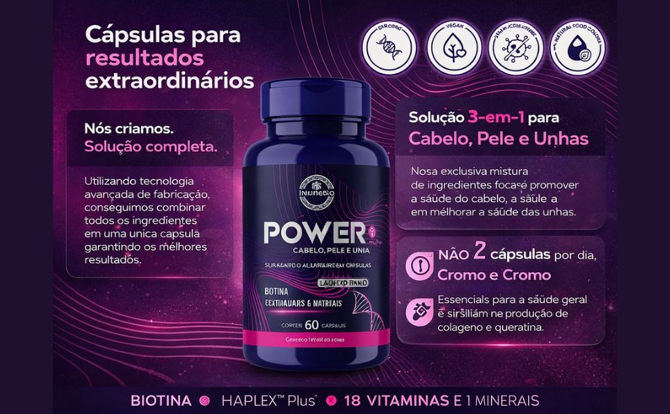 Power Mulher - Cabelo Pele Unha Premium - 18 Vitaminas e Minerais - 60 Caps - Shopp Brasil