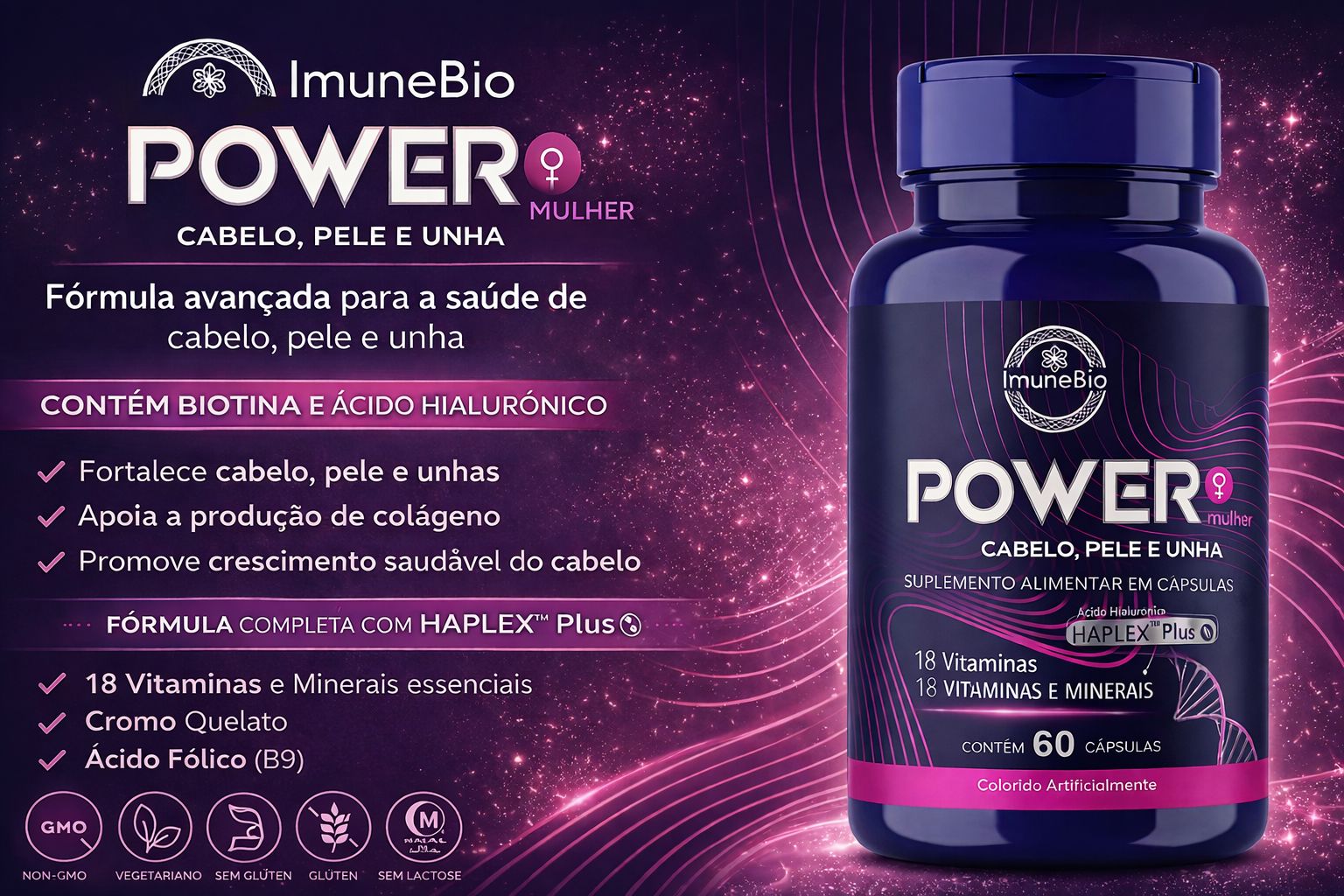 Power Mulher - Cabelo Pele Unha Premium - 18 Vitaminas e Minerais - 60 Caps - Shopp Brasil