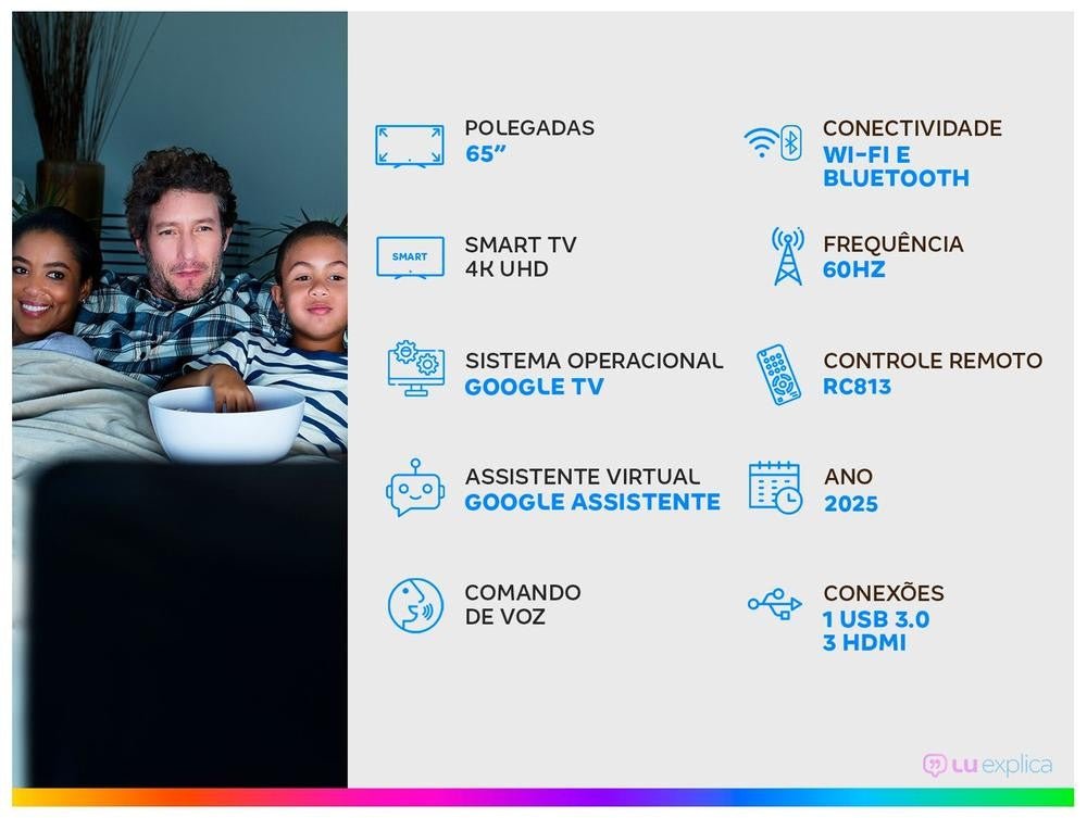 Smart TV TCL 65" 4K UHD QLED 65P7K Google TV AiPQ Google Assistente 3 HDMI 1 USB. - Shopp Brasil