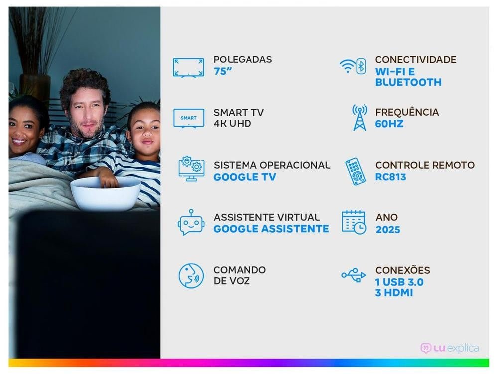 Smart TV TCL 75" 4K UHD QLED 75P7K Google TV AiPQ Google Assistente 3 HDMI 1 USB. - Shopp Brasil