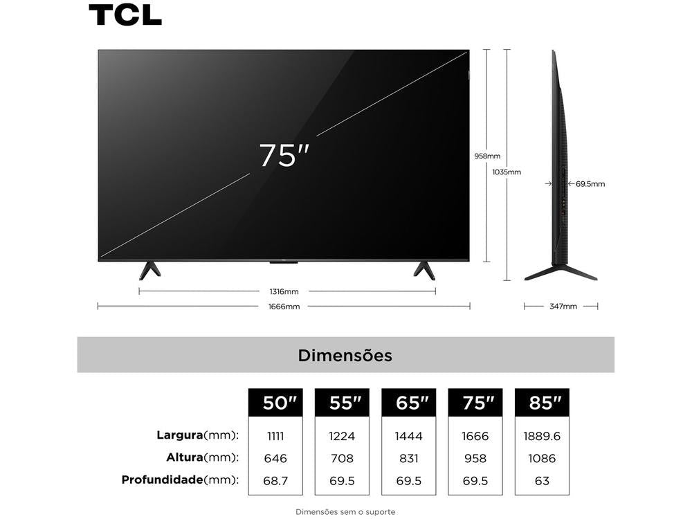 Smart TV TCL 75" 4K UHD QLED 75P7K Google TV AiPQ Google Assistente 3 HDMI 1 USB. - Shopp Brasil
